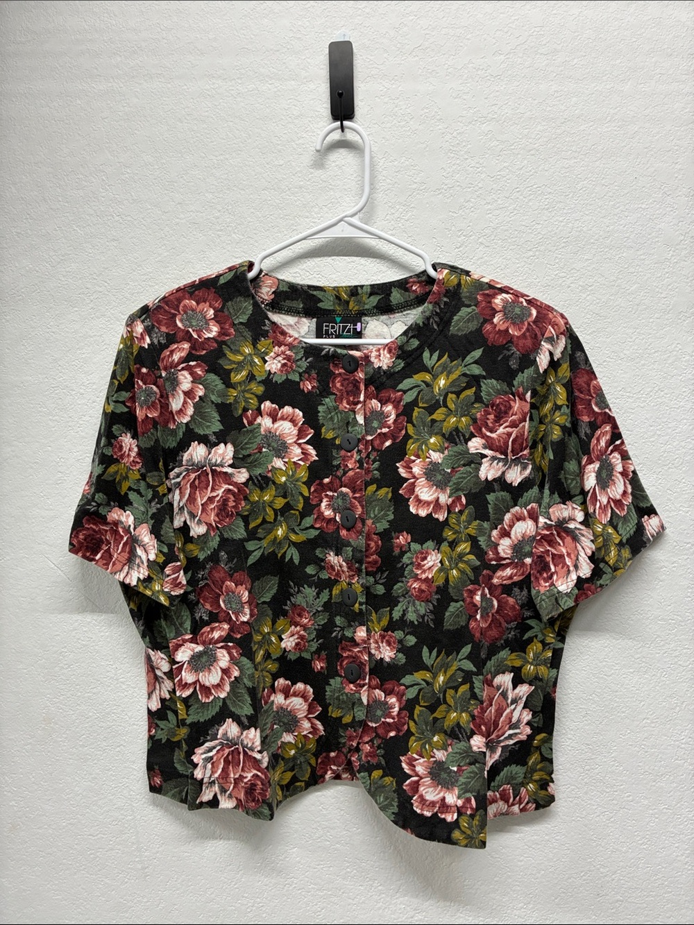 Vintage 90s Fritzi Plus Dark Floral Short Sleeve Button Front Top